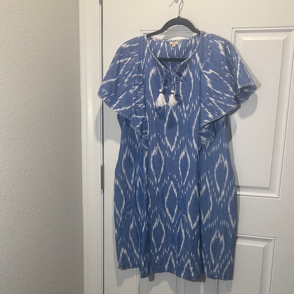 REBA Blue Ikat Tassel-Front Women’s Dress